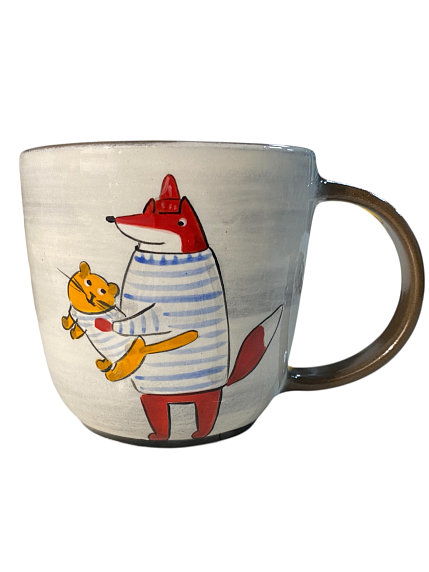 Кружка ручной работы с росписью Лис в свитере и тигрёнок, керамика, 450 мл, фото 1.