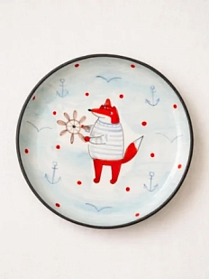 Тарелка ручной работы Ким керамика с бортиком Лис моряк, керамика, 14 см