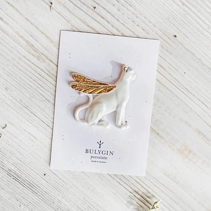 Брошь ручной работы Фарфор Булыгина «Гепард», бело-золотистая, фото 4.