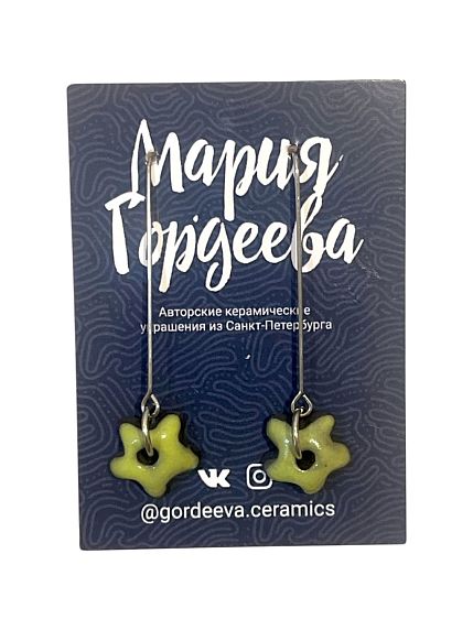 Серьги на длинной петле Цветочки, керамика, салатовые, фото 1.