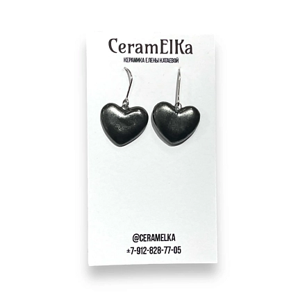 Серьги КерамЕлКа «Сердца металлик», керамика, фото 1.