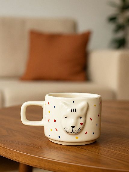 Кружка ручной работы с фигуркой Кот в разноцветный горошек, полуфарфор, 250 мл, фото 3.