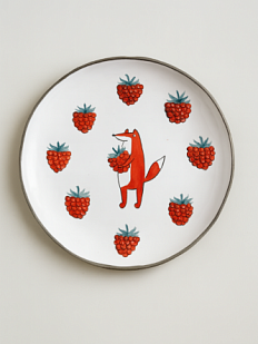 Тарелка ручной работы с бортиком Лис с малиной, белая, 17 см