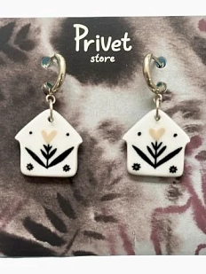 Серьги-конго Звер «Домик с цветочком», керамика, белые