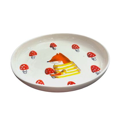 Тарелка ручной работы с бортиком Лисёнок с мухоморами, белая, фарфор, 13 см, фото 3.