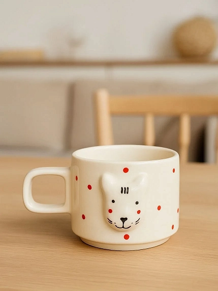Кружка ручной работы Мария Гордеева с фигуркой Кот в красный горошек, полуфарфор, 250 мл, фото 3.