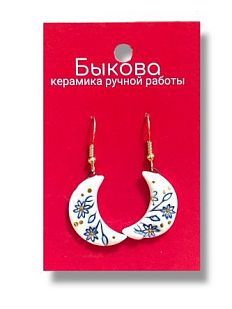Серьги ручной работы «Синие цветы»‎, полные полумесяцы, фарфор