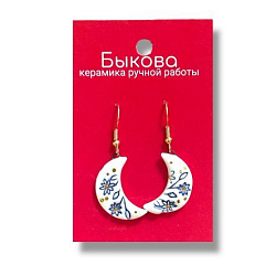 Серьги ручной работы «Синие цветы»‎, полные полумесяцы, фарфор и золото