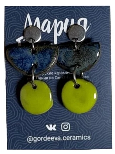 Серьги Мария Гордеева ассиметричные составные, керамика, синие с зелёным