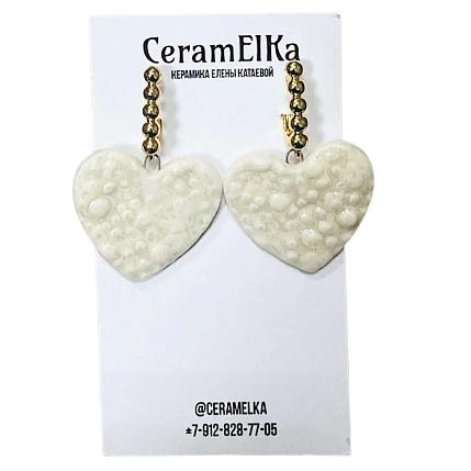 Серьги КерамЕлКа «Сердечки», фарфор, перламутровые белые, фото 1.