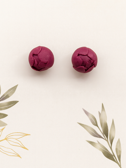 Серьги-гвоздики «Пион», полимерная глина, бордовые, фото 2.