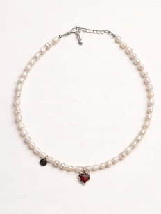 Чокер ручной работы «Ice» с красным сердцем, речной жемчуг, родированная латунь