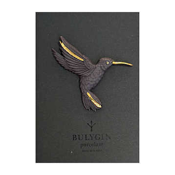 Брошь ручной работы Фарфор Булыгина «Колибри», чёрно-золотистая, фото 3.