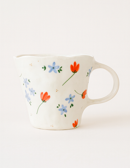 Кружка ручной работы «Цветочки», красно-голубая, керамика, 400 мл, фото 1.