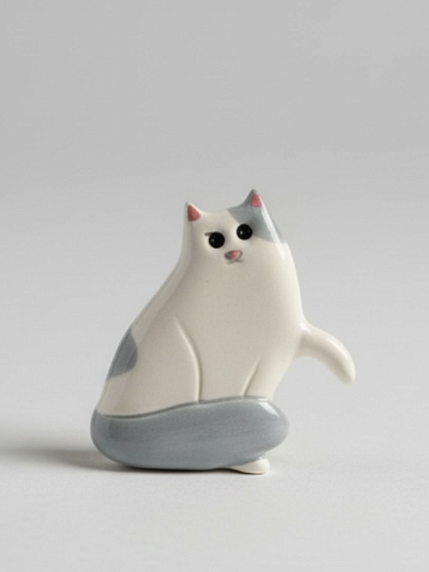 Брошь ручной работы «Кот с лапкой», бело-серый, керамика, фото 1.