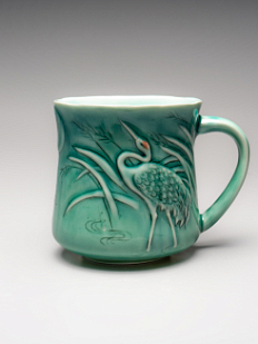 Кружка ручной работы «Журавли», зеленая, фарфор, 390 мл