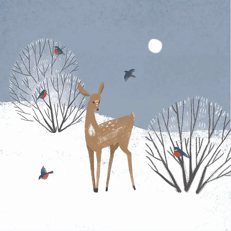 Квадратная сканди открытка «Олененок и снегири»