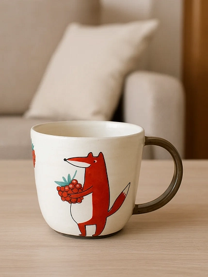 Кружка ручной работы Ким керамика с росписью Лис с малиной, керамика, 450 мл, фото 2.