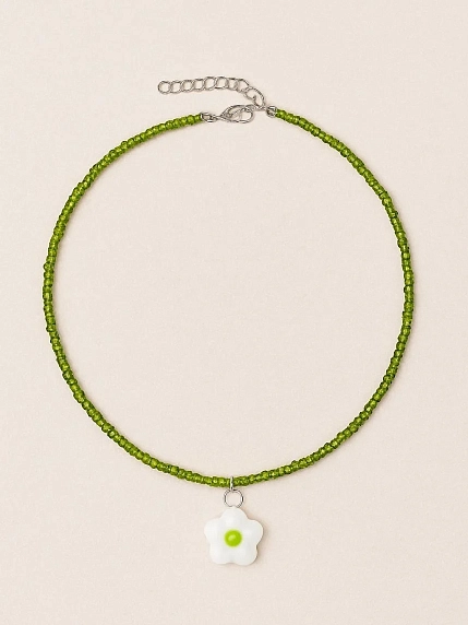 Чокер ручной работы Ловетанн керамика «Зеленый цветок», полуфарфор, бисер, фото 2.