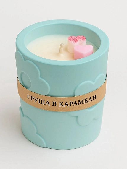 Соевая свеча «Цветочки» в стакане с ароматом груши в карамели, гипс, фото 1.
