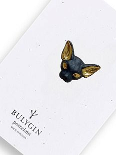 Брошь ручной работы Bulygin «Кошка», фарфор, чёрно-золотистая