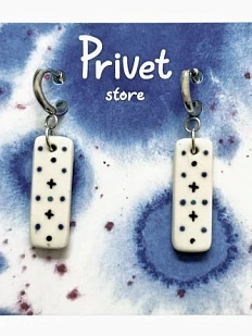 Серьги-конго ручной работы Звер «Крестики и точки», белый, керамика