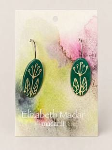 Серьги Elizabeth Madar с цветочным орнаментом, овальные, керамика, тёмно-зелёные