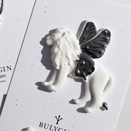 Брошь ручной работы Bulygin «Лев», бело-серебристая, фарфор, фото 3.