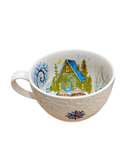 Чашка для чая ручной работы Мадам де Тюль с фигуркой внутри Ёжики, бело-голубая, фарфор, 250 мл, фото 3.