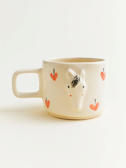 Кружка ручной работы с фигуркой Лошадка с розовыми яблочками, полуфарфор, 250 мл, фото 1.