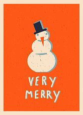 Открытка ретро со снеговиком на Новый год «Very Merry»