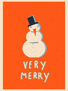 Открытка ретро со снеговиком на Новый год «Very Merry»