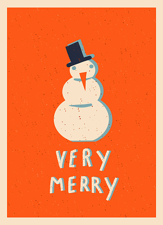 Открытка ретро со снеговиком на Новый год «Very Merry»