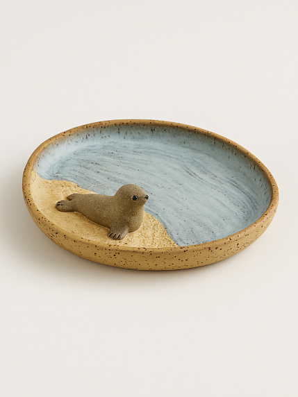 Тарелка с фигуркой внутри Нерпа, бежевая в крапинку, керамика, 21 см, фото 2.