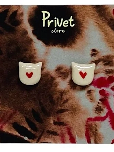 Серьги-гвоздики ручной работы Звер «Котики с красным сердечком», белый, керамика