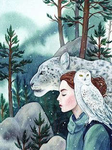 Открытка «Снежный барс, сова и девушка», Спешилова Анна
