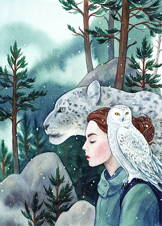 Открытка «Снежный барс, сова и девушка», художник Спешилова Анна
