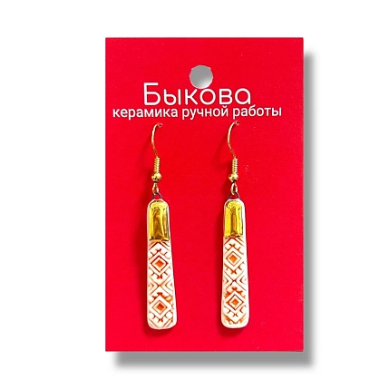 Серьги ручной работы Быкова керамика с красным орнаментом‎, фарфор, фото 1.
