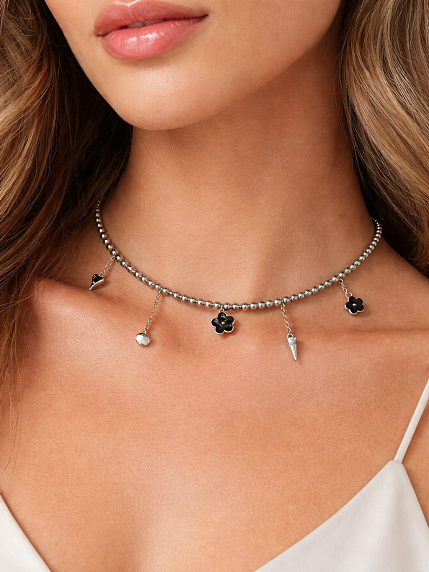 Чокер из тёмного гематита с подвесками «Цветочки» Migette, фото 3.