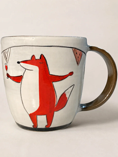 Кружка ручной работы Ким керамика с росписью Лис с винишком на празднике, керамика, 350 мл