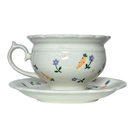 Чайная пара ручной работы Slowday Ceramics в морковку и сиреневые цветочки «Винтаж», полуфарфор, 250 мл, фото 1.
