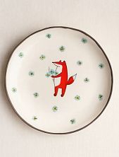 Тарелка ручной работы Ким керамика с бортиком Лис с васильками, белая, 13 см