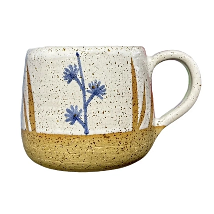Кружка ручной работы Синий цветочек, бежевая, керамика 300 мл, фото 3.