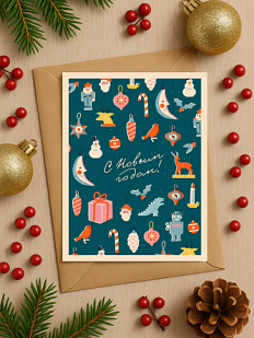 Открытка ретро на Новый год «С Новым годом!», синяя