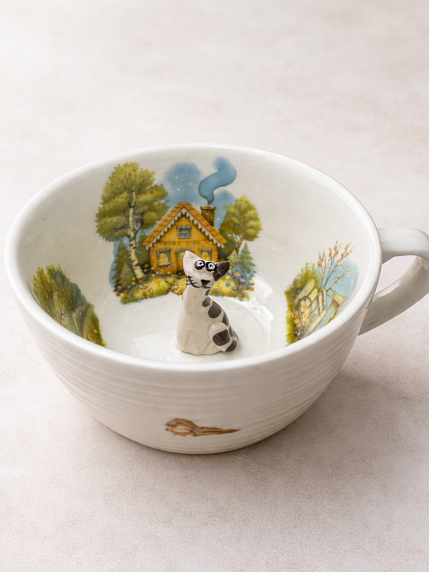 Чашка для чая ручной работы Мадам де Тюль с фигуркой внутри Котик, фарфор, 250 мл, фото 1.