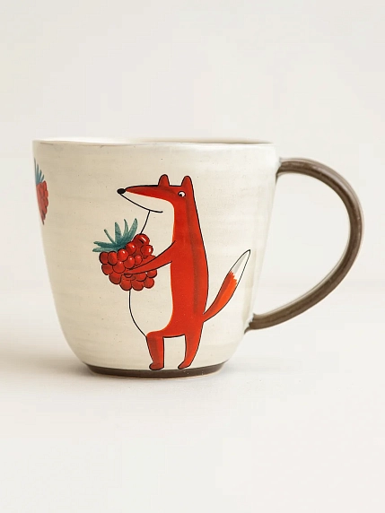 Кружка ручной работы Ким керамика с росписью Лис с малиной, керамика, 450 мл, фото 1.