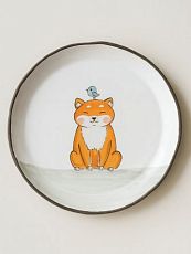 Тарелка ручной работы с бортиком Сиба-ину с птичкой, белая, 17 см
