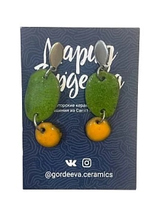 Серьги Мария Гордеева асимметричные составные, керамика, зелёные с оранжевым