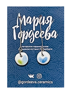 Серьги на длинной петле круги, керамика, сине-зелёные