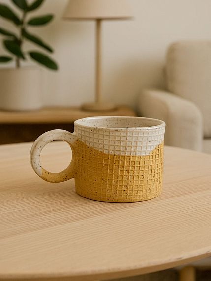 Кружка ручной работы «Вафельная», бежевая, керамика, 300 мл, фото 4.